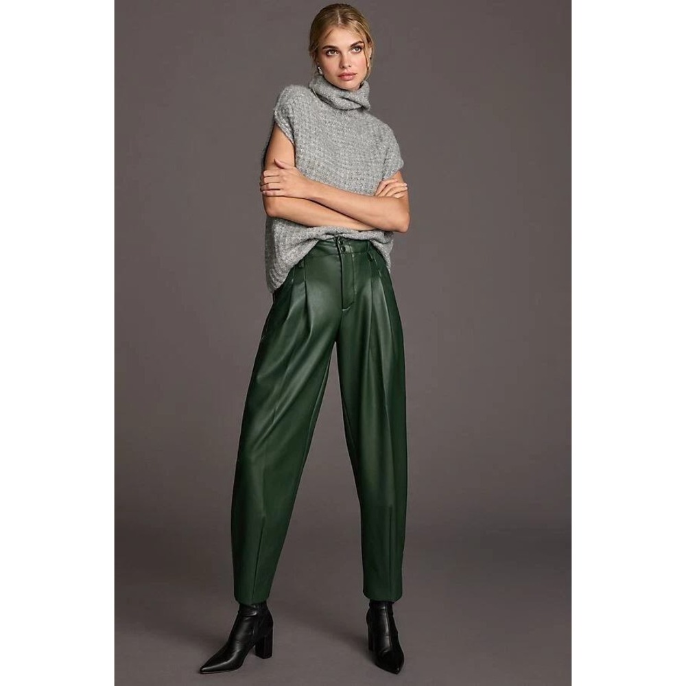Maeve Anthropologie Green Faux Leather Pleated Tapered Pants Size 0 Petite